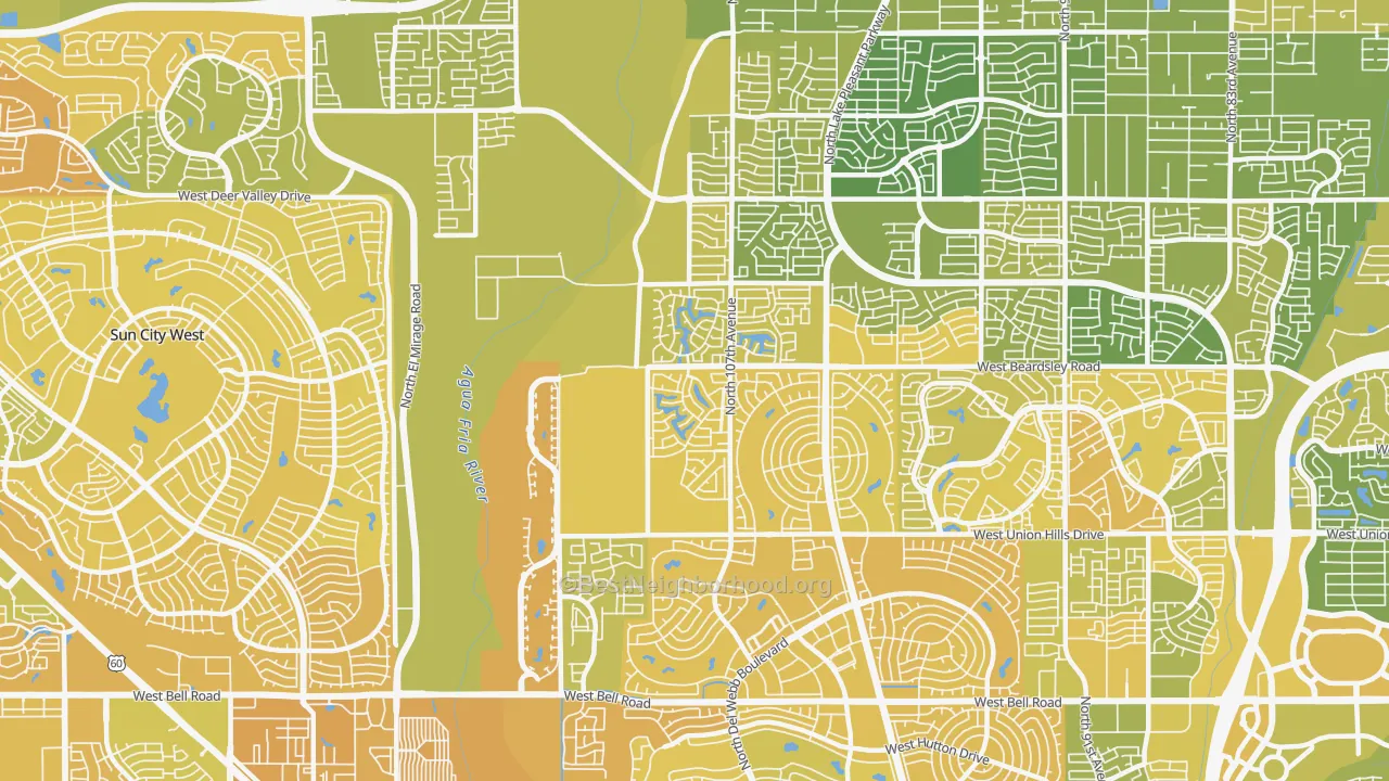 Map of the best neighborhoods in the 85373 area, with better matches in green and worse matches in red
