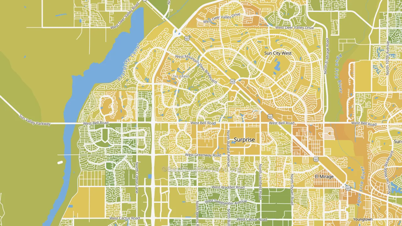 Map of the best neighborhoods in the 85374 area, with better matches in green and worse matches in red