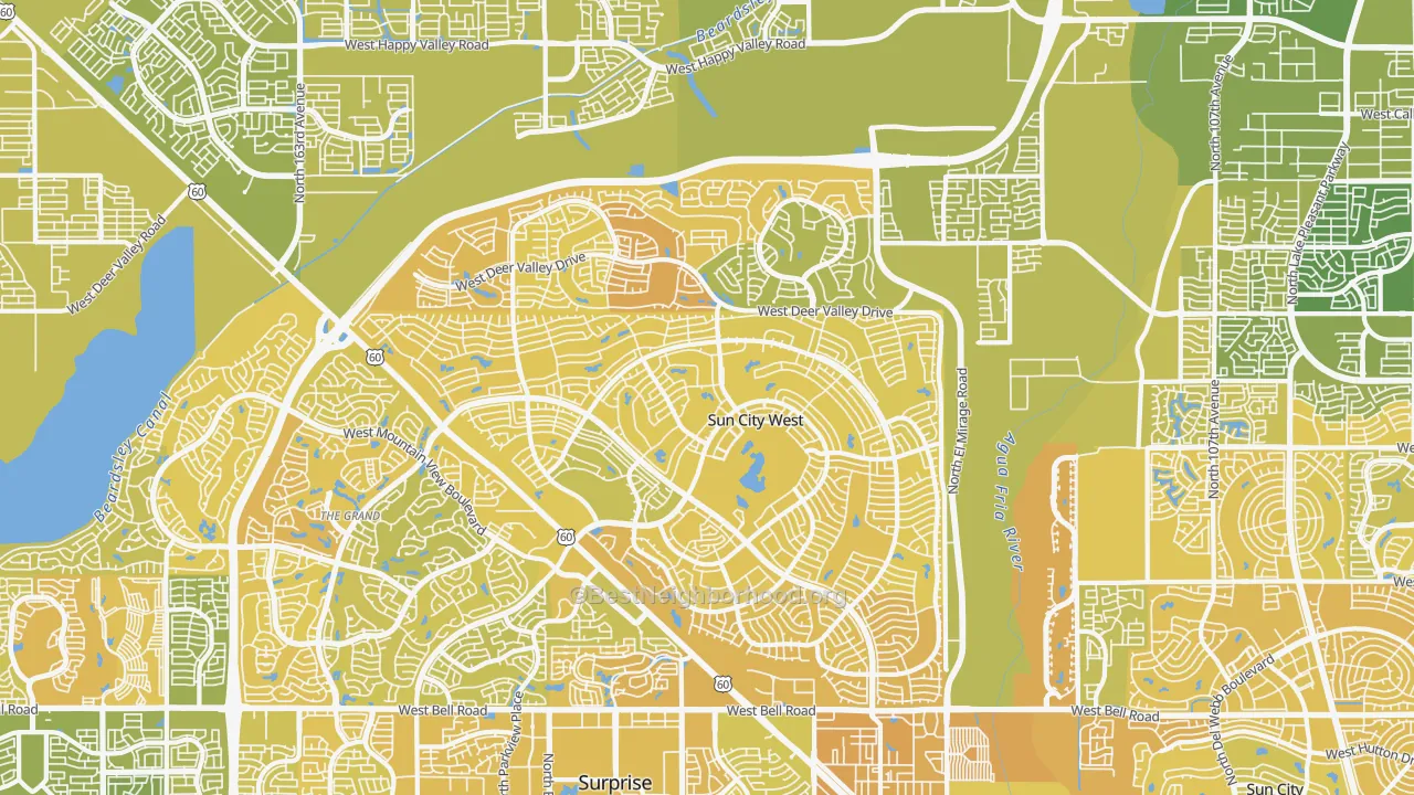 Map of the best neighborhoods in the 85375 area, with better matches in green and worse matches in red