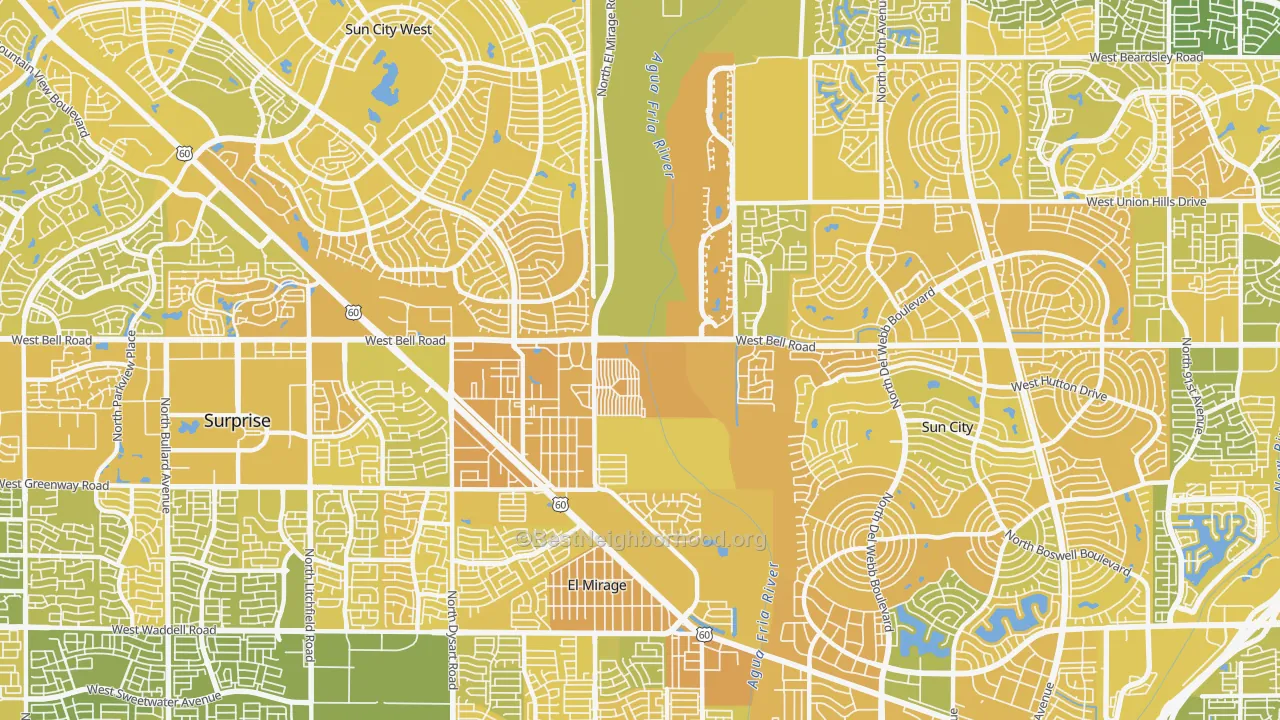 Map of the best neighborhoods in the 85378 area, with better matches in green and worse matches in red