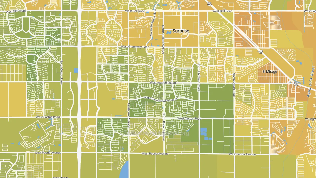 Map of the best neighborhoods in the 85379 area, with better matches in green and worse matches in red