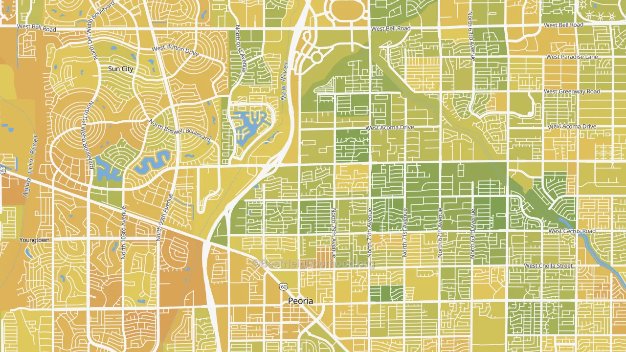 Map of the best neighborhoods in the 85381 area, with better matches in green and worse matches in red