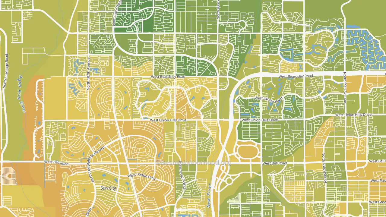 Map of the best neighborhoods in the 85382 area, with better matches in green and worse matches in red