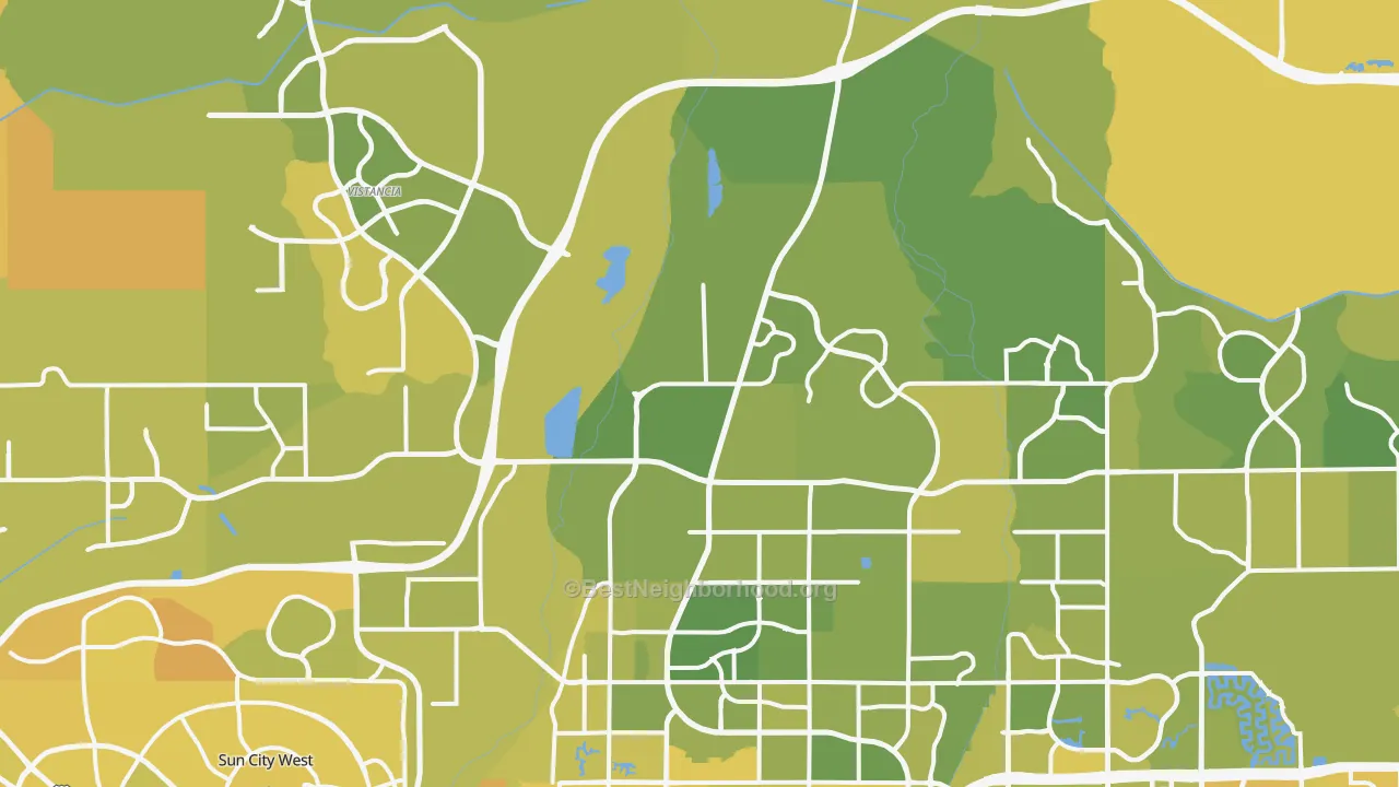 Map of the best neighborhoods in the 85383 area, with better matches in green and worse matches in red