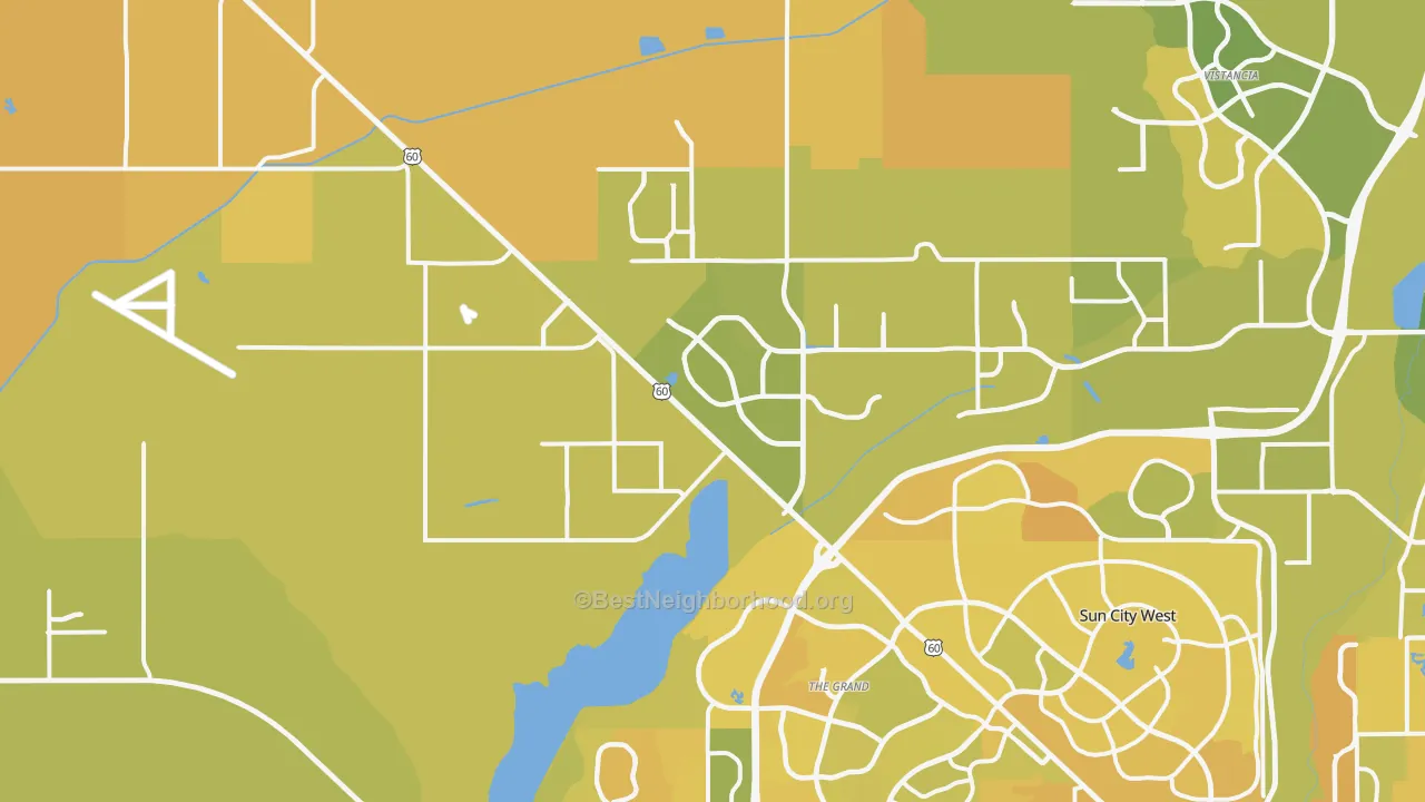 Map of the best neighborhoods in the 85387 area, with better matches in green and worse matches in red