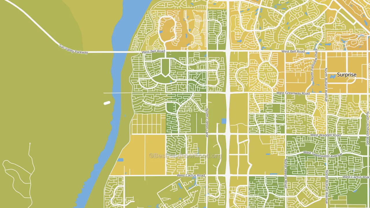 Map of the best neighborhoods in the 85388 area, with better matches in green and worse matches in red