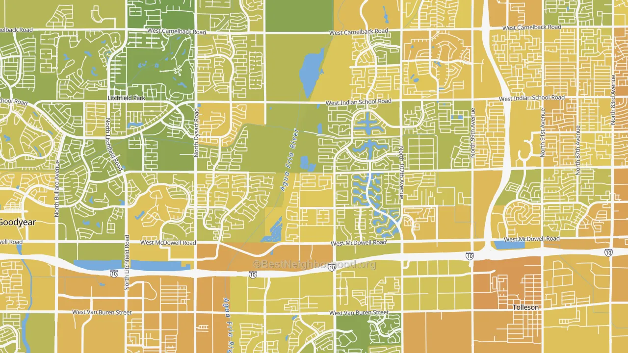 Map of the best neighborhoods in the 85392 area, with better matches in green and worse matches in red