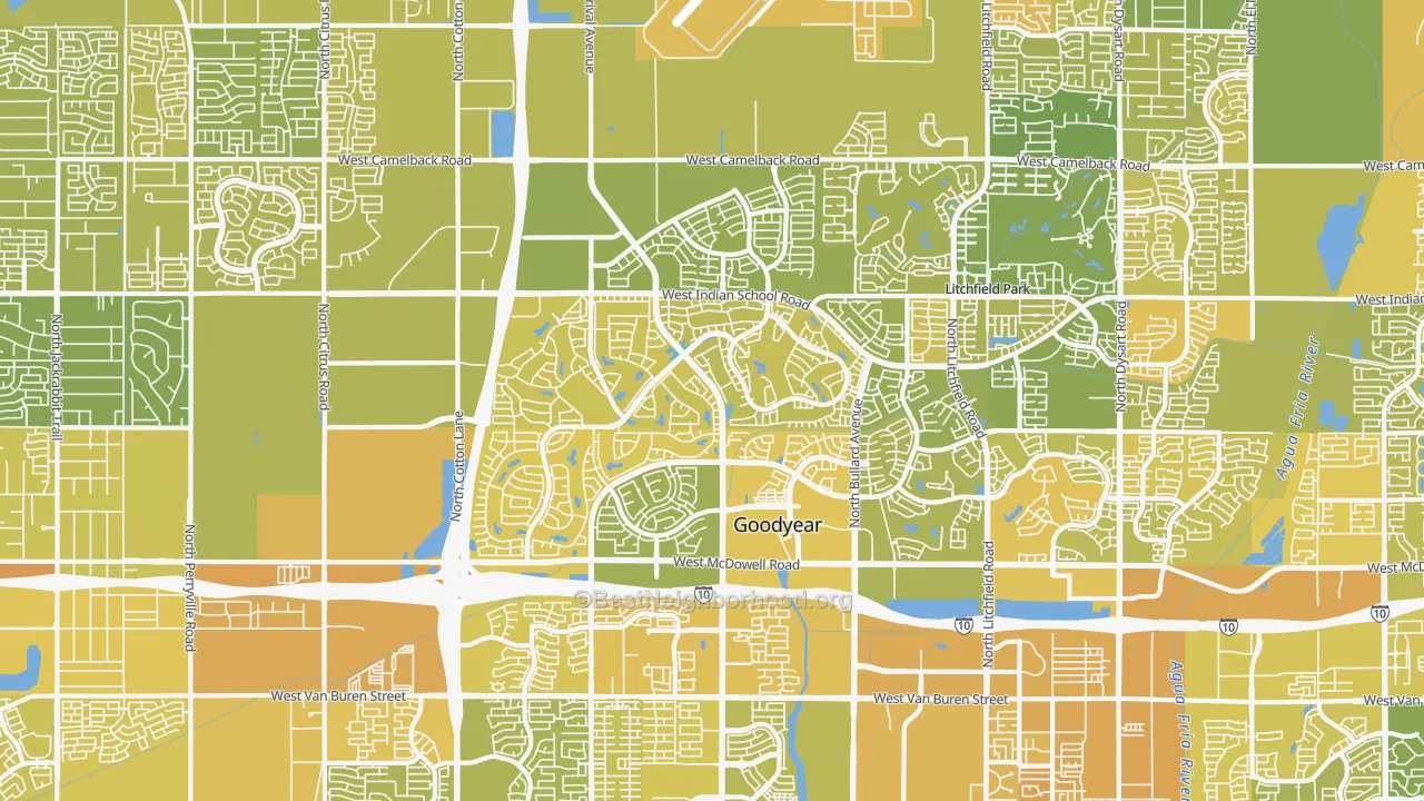 Map of the best neighborhoods in the 85395 area, with better matches in green and worse matches in red