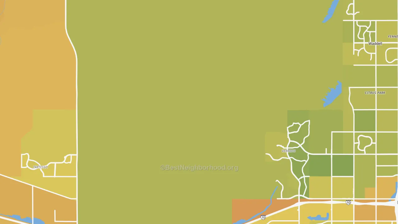 Map of the best neighborhoods in the 85396 area, with better matches in green and worse matches in red