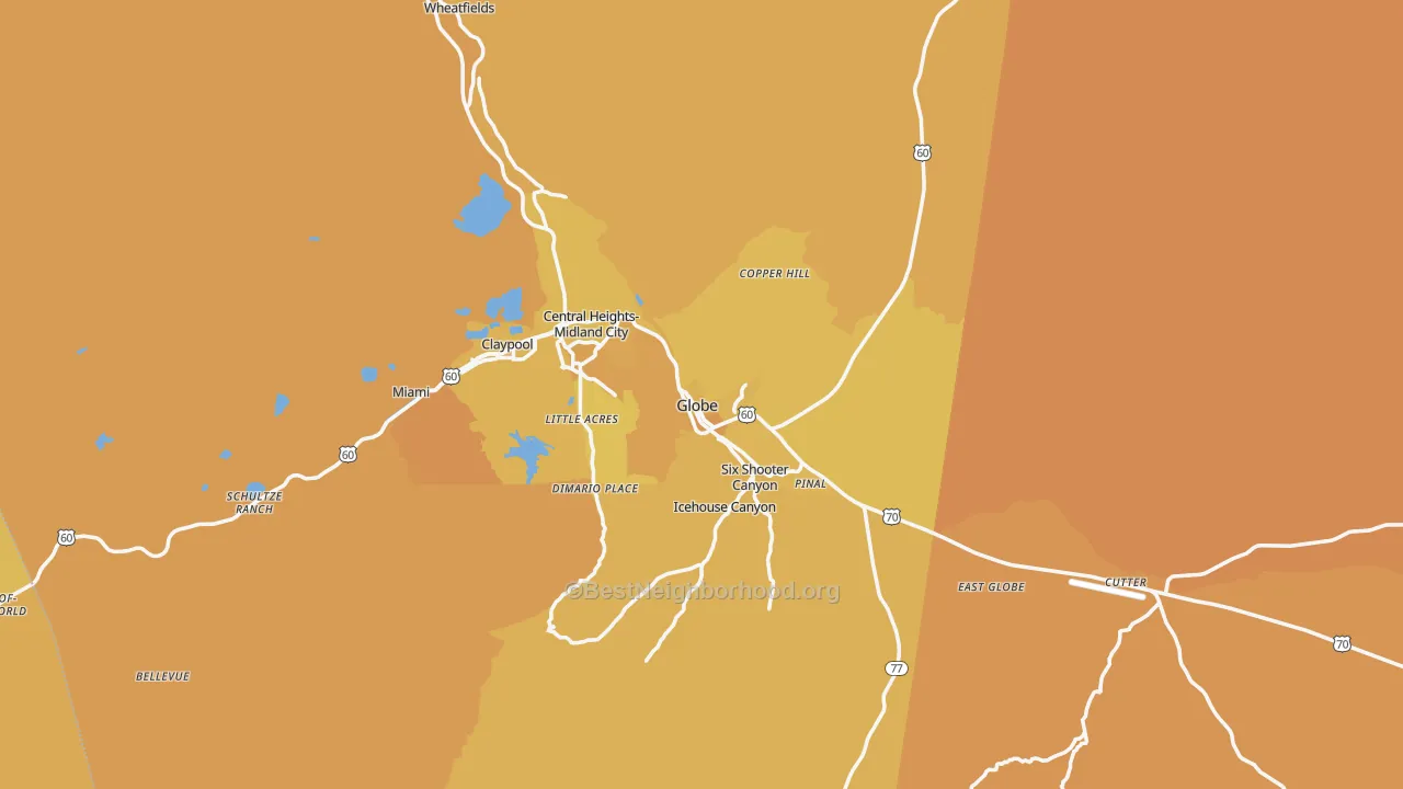 Map of the best neighborhoods in the 85501 area, with better matches in green and worse matches in red