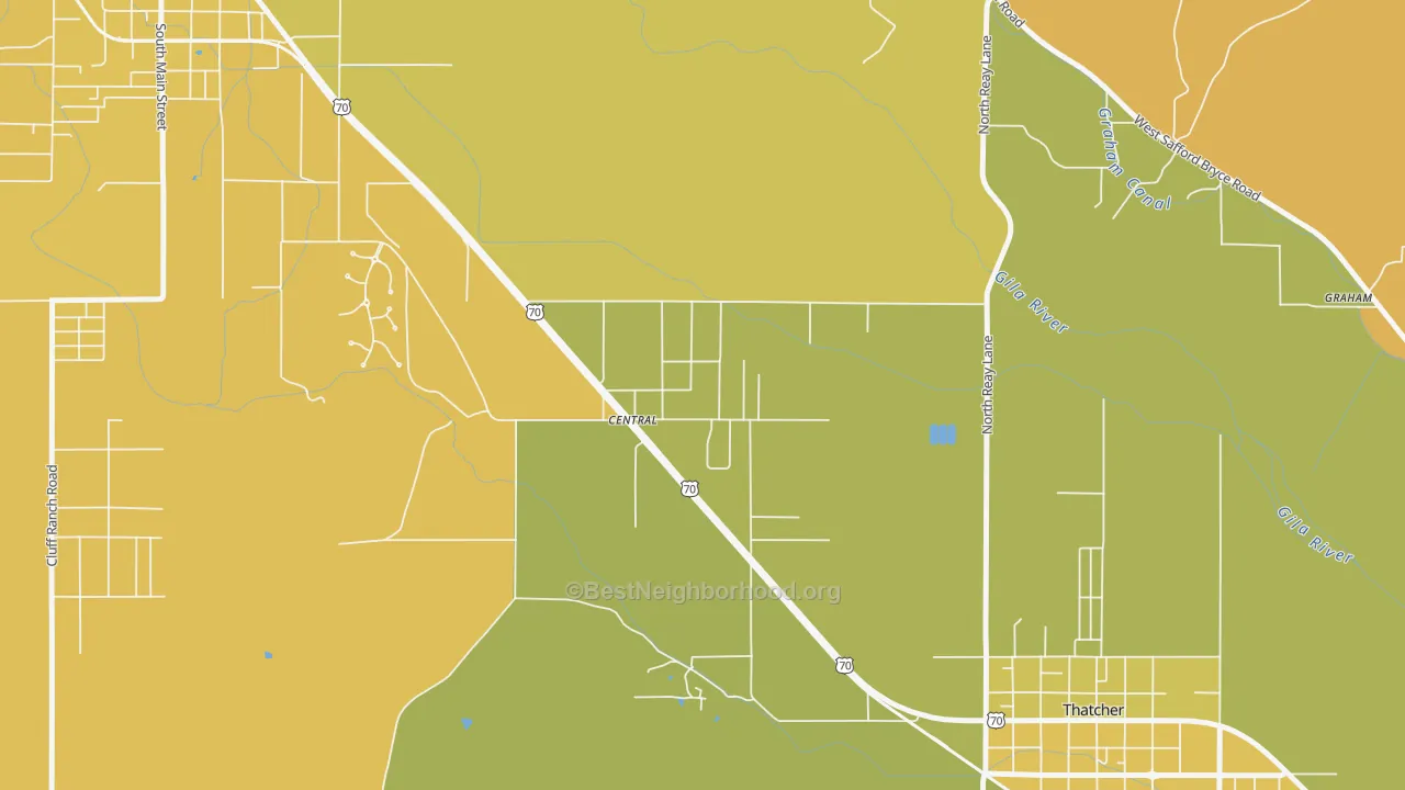 Map of the best neighborhoods in the 85531 area, with better matches in green and worse matches in red