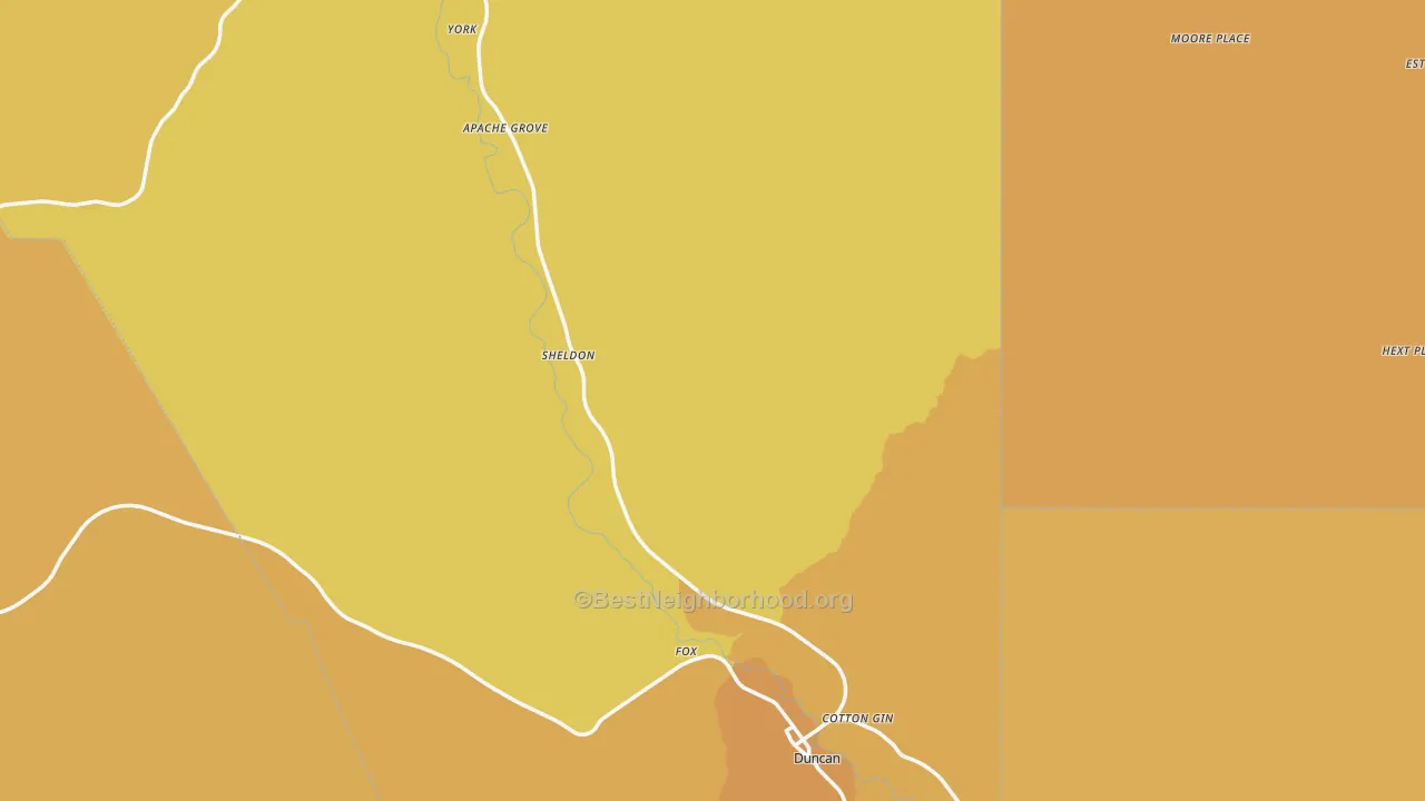 Map of the best neighborhoods in the 85534 area, with better matches in green and worse matches in red