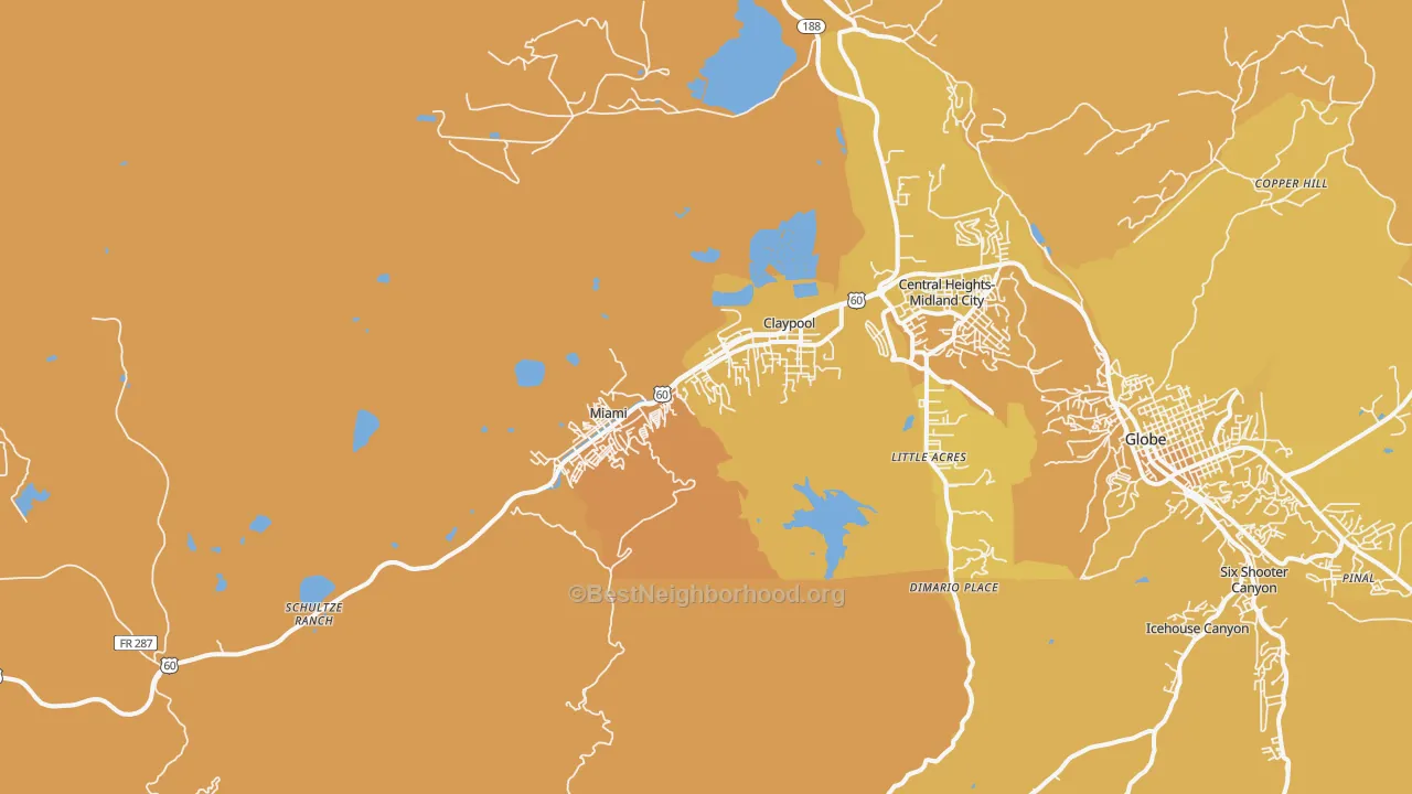 Map of the best neighborhoods in the 85539 area, with better matches in green and worse matches in red