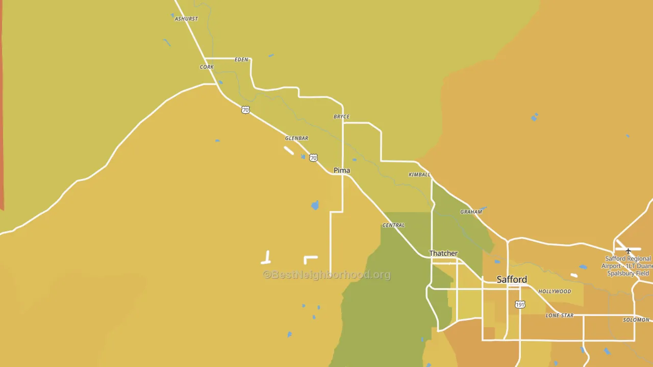 Map of the best neighborhoods in the 85543 area, with better matches in green and worse matches in red