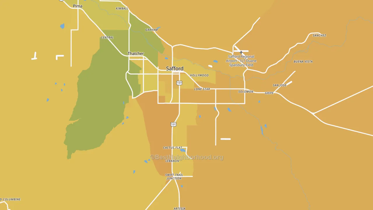Map of the best neighborhoods in the 85546 area, with better matches in green and worse matches in red