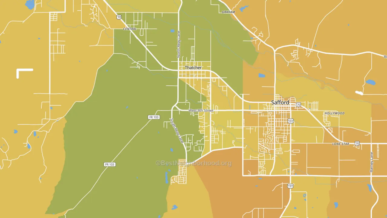 Map of the best neighborhoods in the 85552 area, with better matches in green and worse matches in red