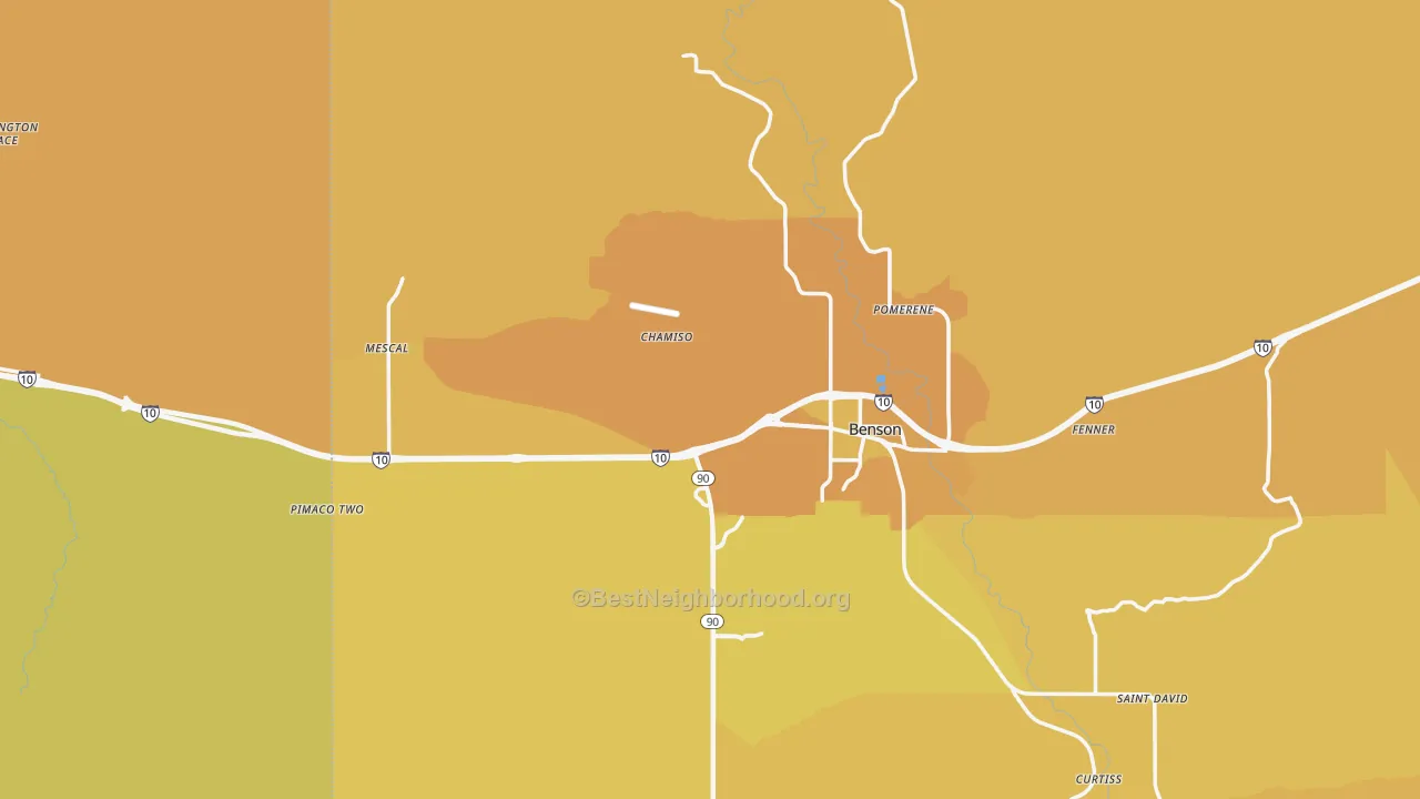 Map of the best neighborhoods in the 85602 area, with better matches in green and worse matches in red