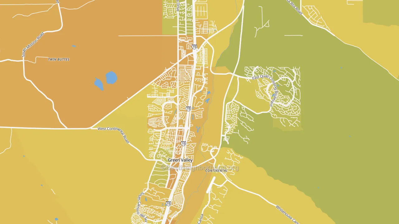 Map of the best neighborhoods in the 85614 area, with better matches in green and worse matches in red