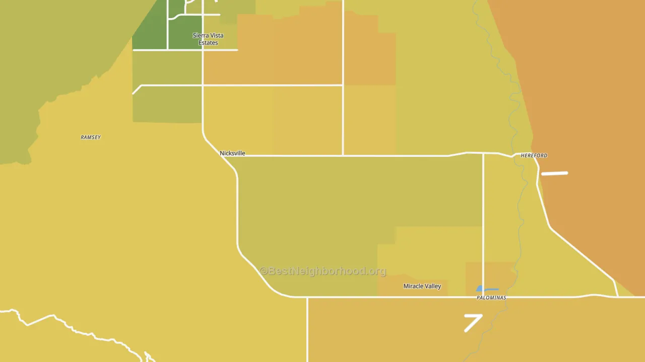 Map of the best neighborhoods in the 85615 area, with better matches in green and worse matches in red