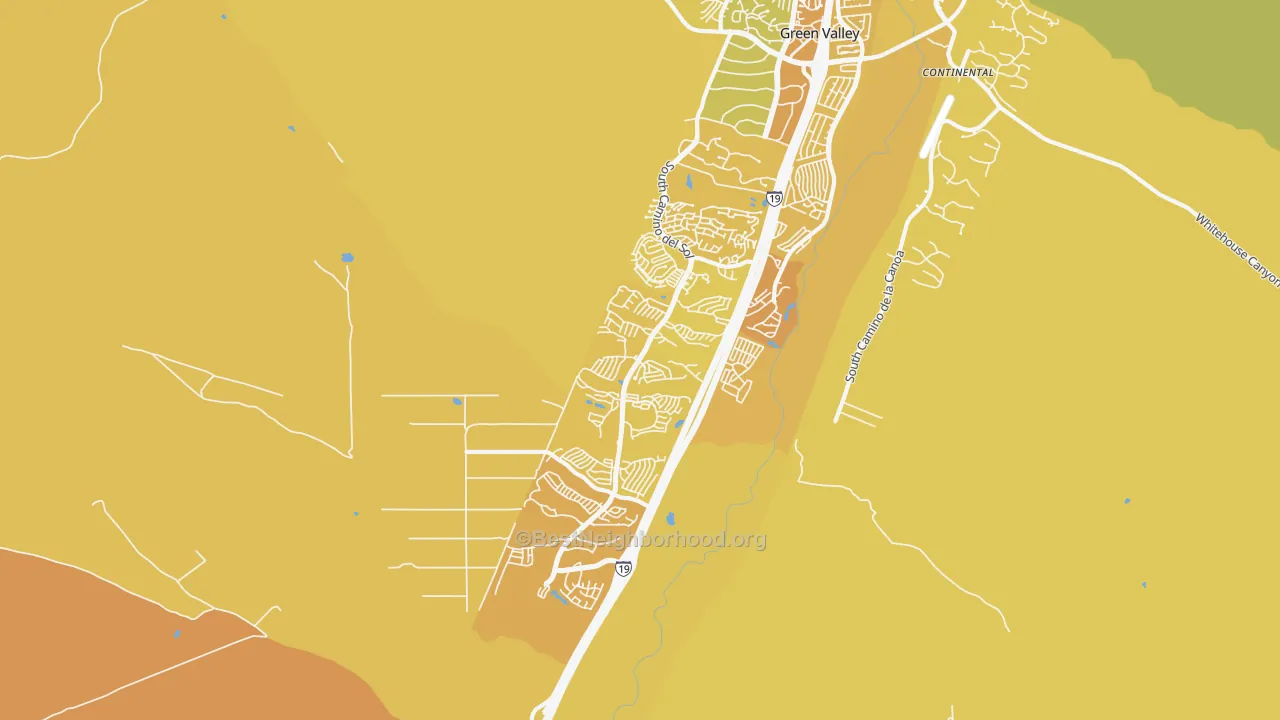 Map of the best neighborhoods in the 85622 area, with better matches in green and worse matches in red
