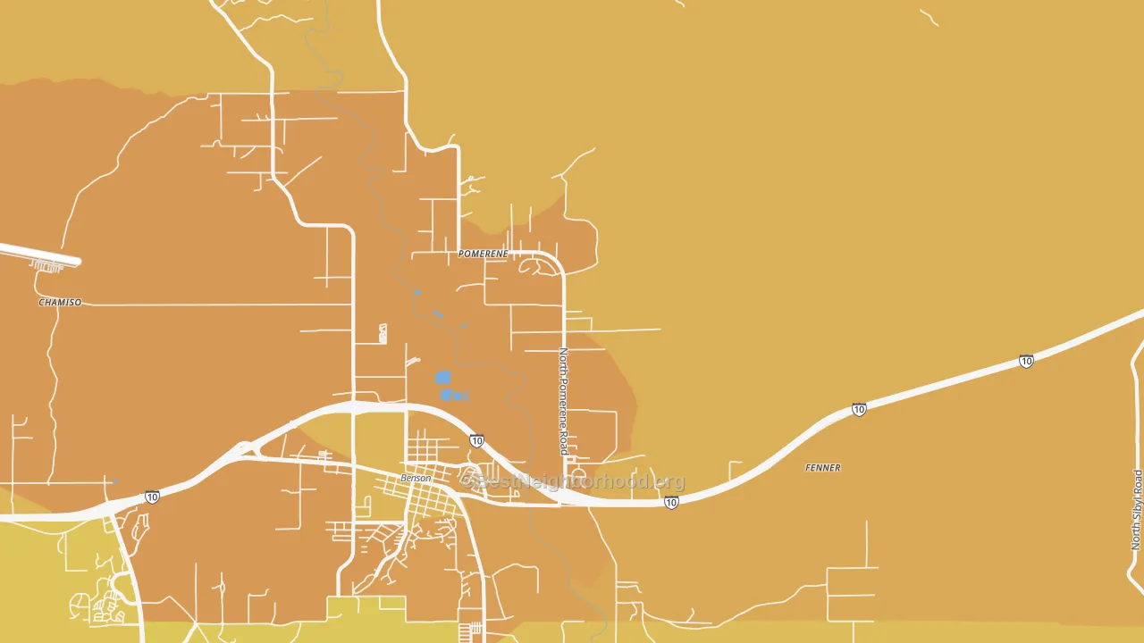 Map of the best neighborhoods in the 85627 area, with better matches in green and worse matches in red