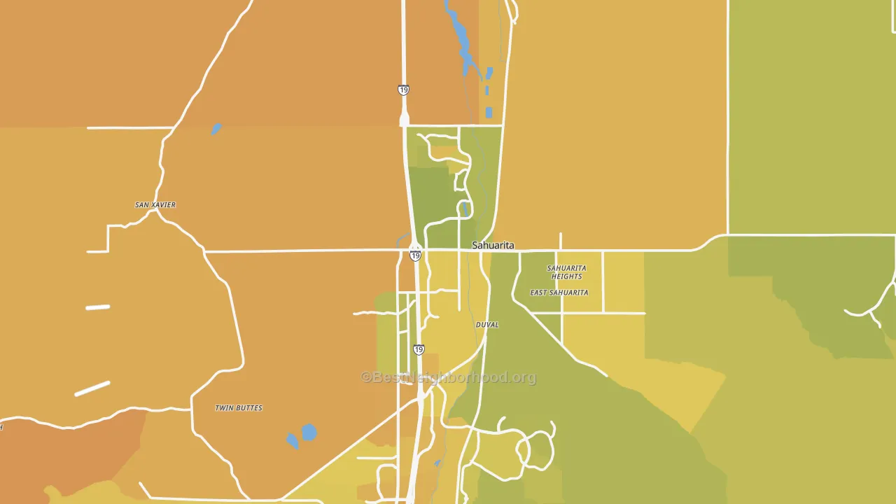 Map of the best neighborhoods in the 85629 area, with better matches in green and worse matches in red