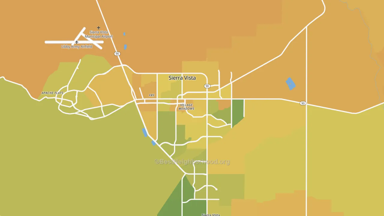 Map of the best neighborhoods in the 85635 area, with better matches in green and worse matches in red