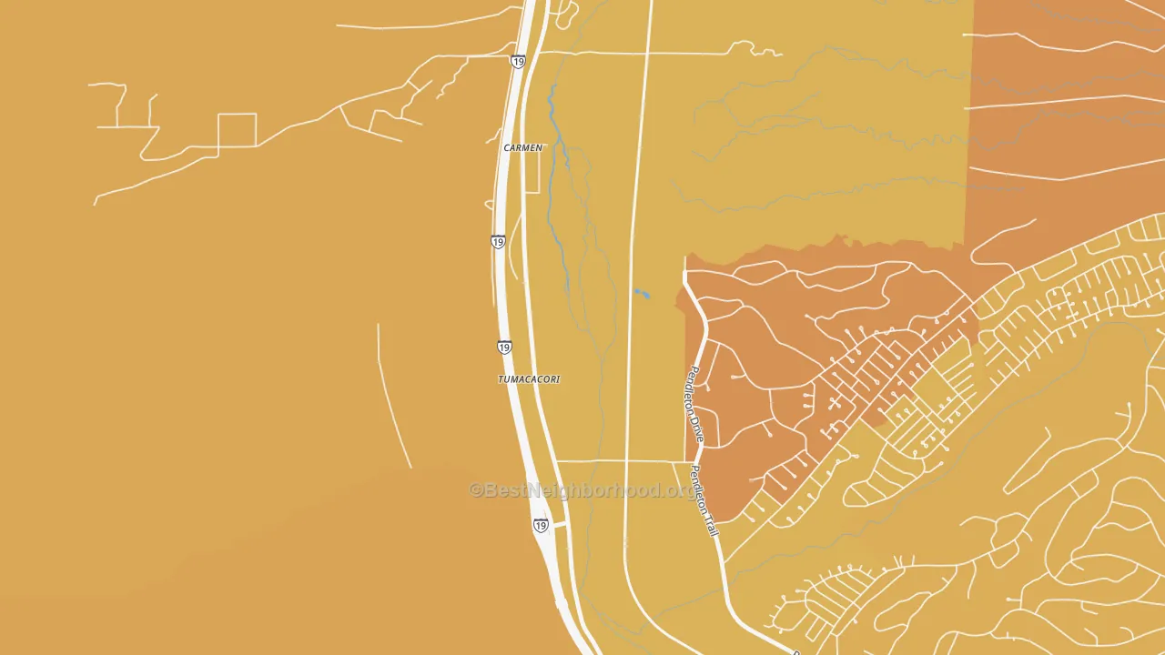 Map of the best neighborhoods in the 85640 area, with better matches in green and worse matches in red