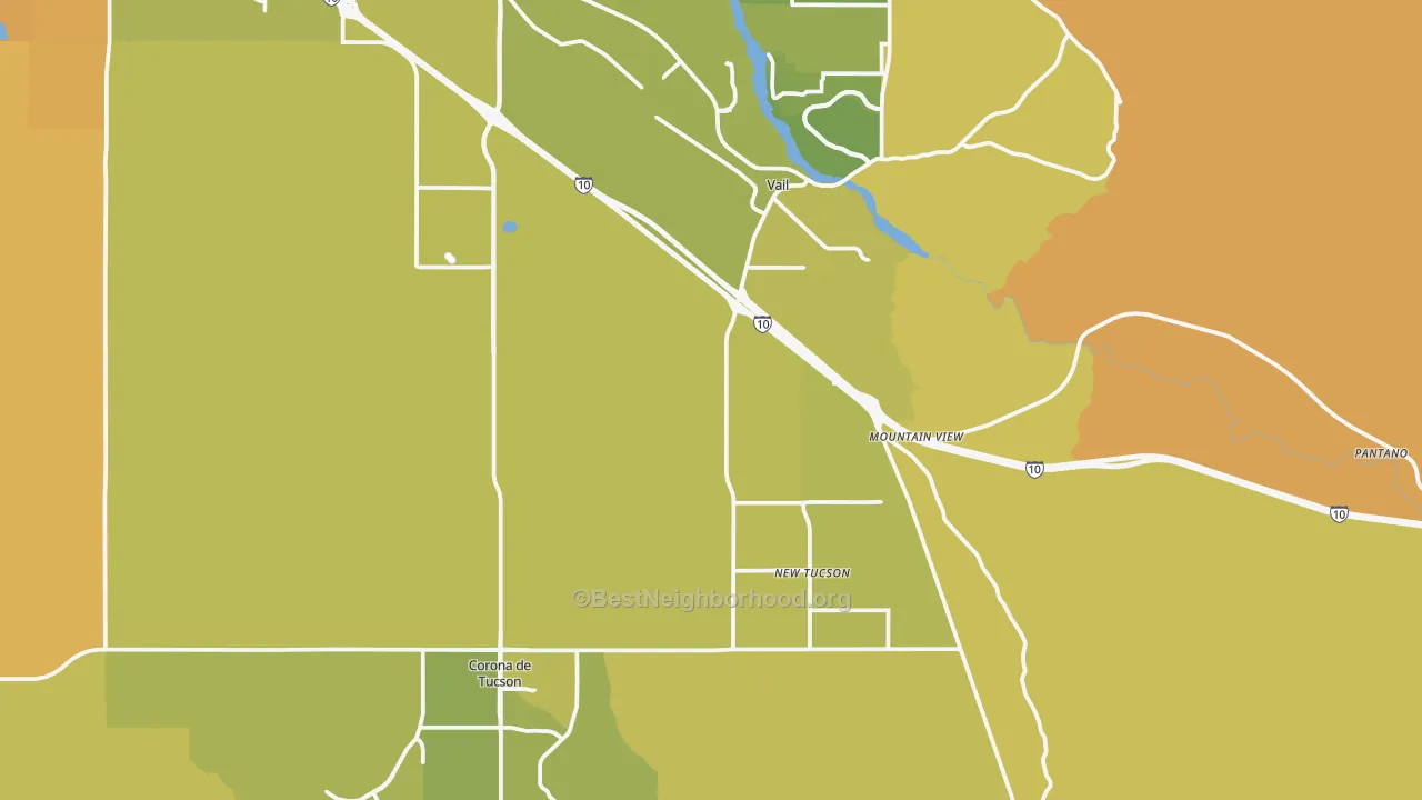 Map of the best neighborhoods in the 85641 area, with better matches in green and worse matches in red