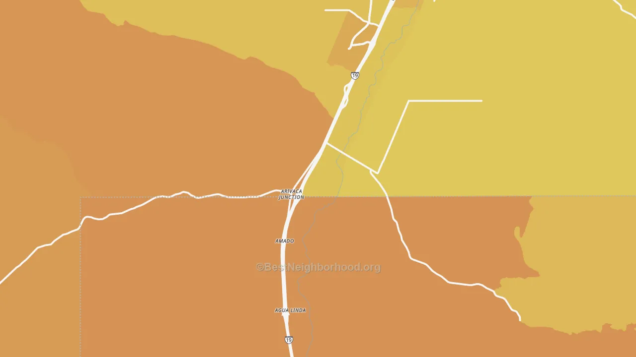 Map of the best neighborhoods in the 85645 area, with better matches in green and worse matches in red