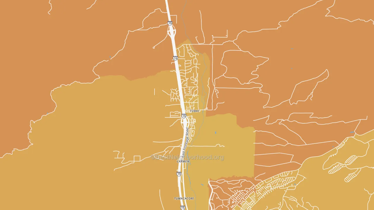 Map of the best neighborhoods in the 85646 area, with better matches in green and worse matches in red