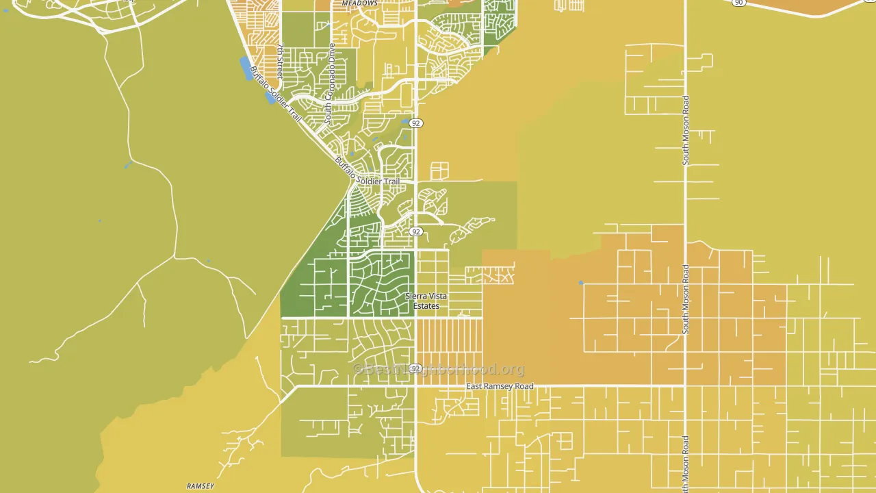 Map of the best neighborhoods in the 85650 area, with better matches in green and worse matches in red