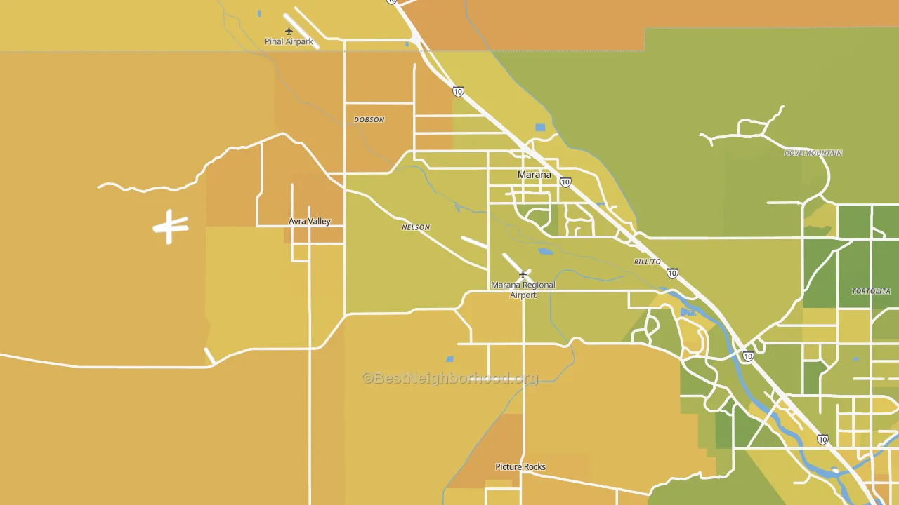 Map of the best neighborhoods in the 85653 area, with better matches in green and worse matches in red