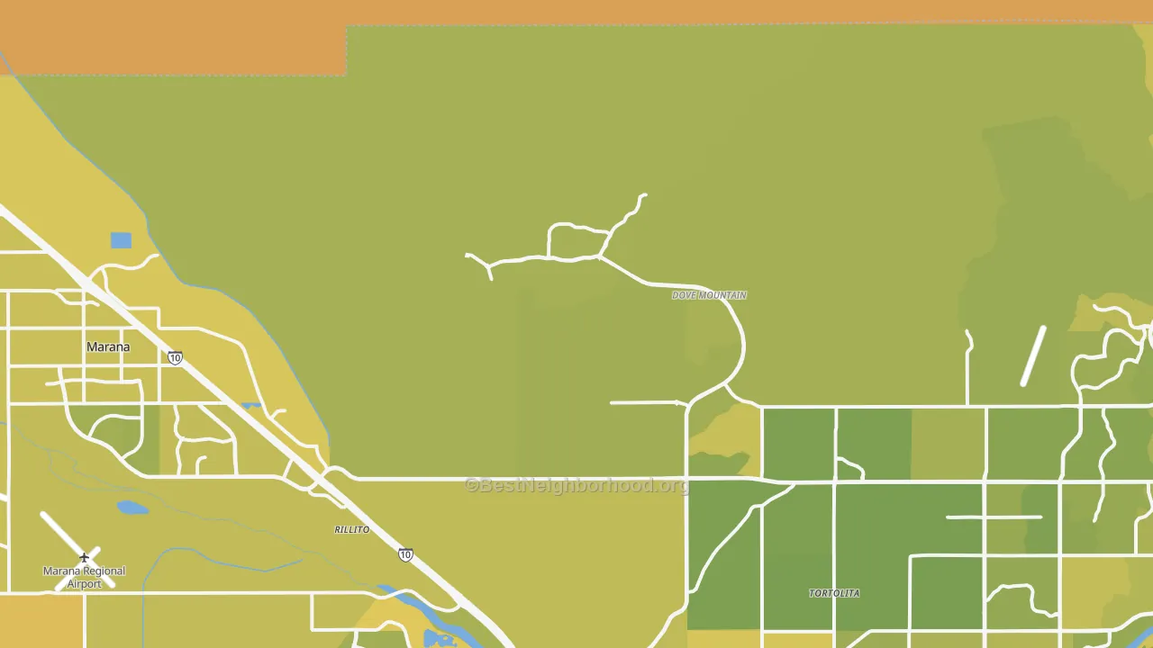 Map of the best neighborhoods in the 85658 area, with better matches in green and worse matches in red