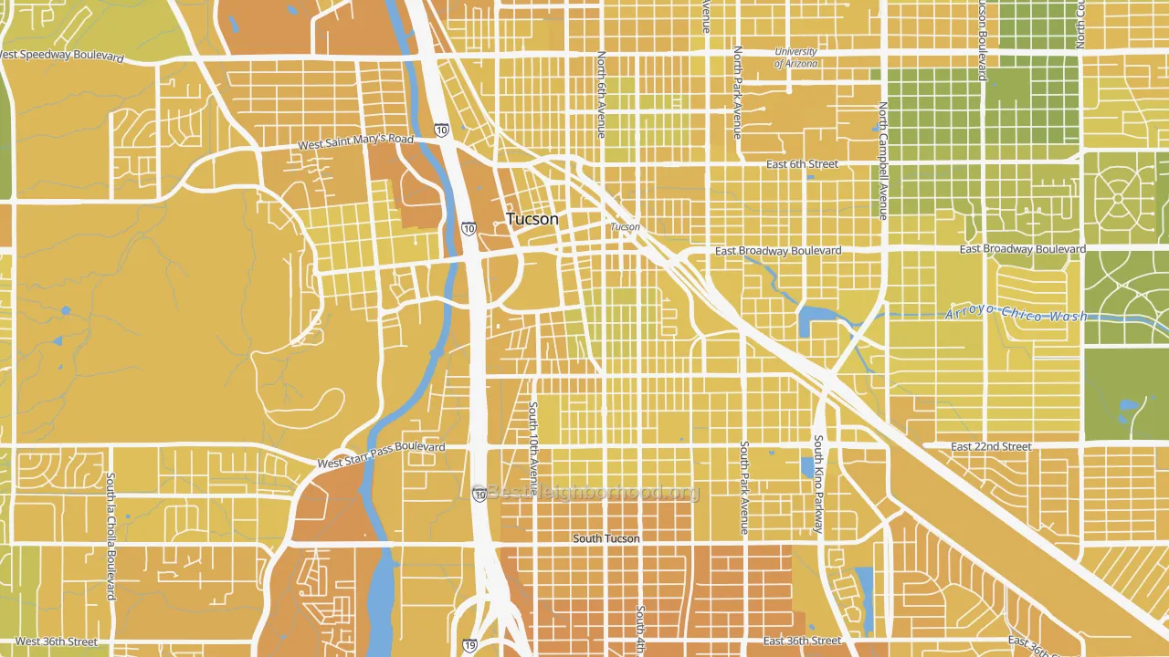 Map of the best neighborhoods in the 85701 area, with better matches in green and worse matches in red