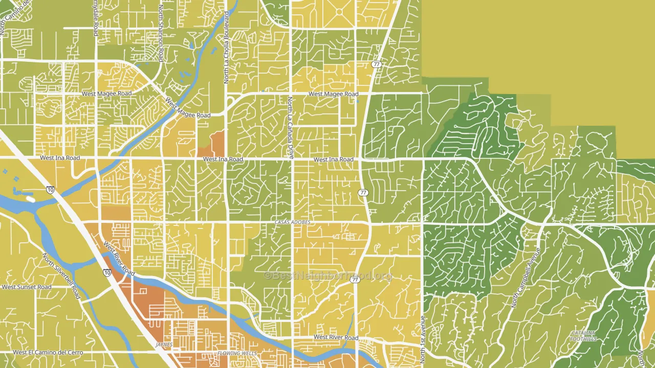 Map of the best neighborhoods in the 85704 area, with better matches in green and worse matches in red