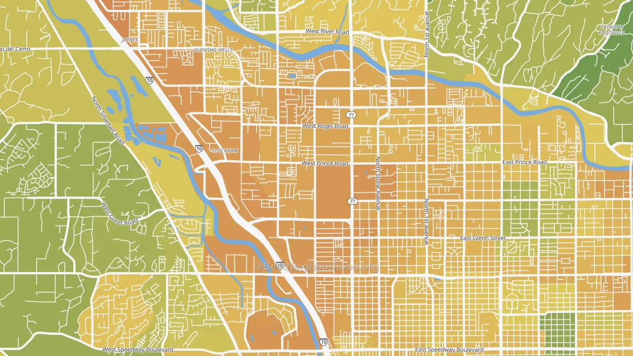 Map of the best neighborhoods in the 85705 area, with better matches in green and worse matches in red