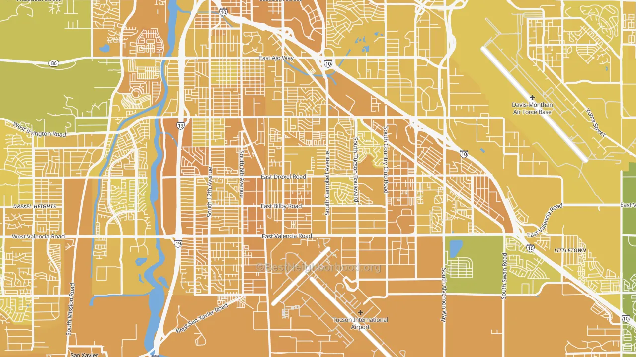Map of the best neighborhoods in the 85706 area, with better matches in green and worse matches in red