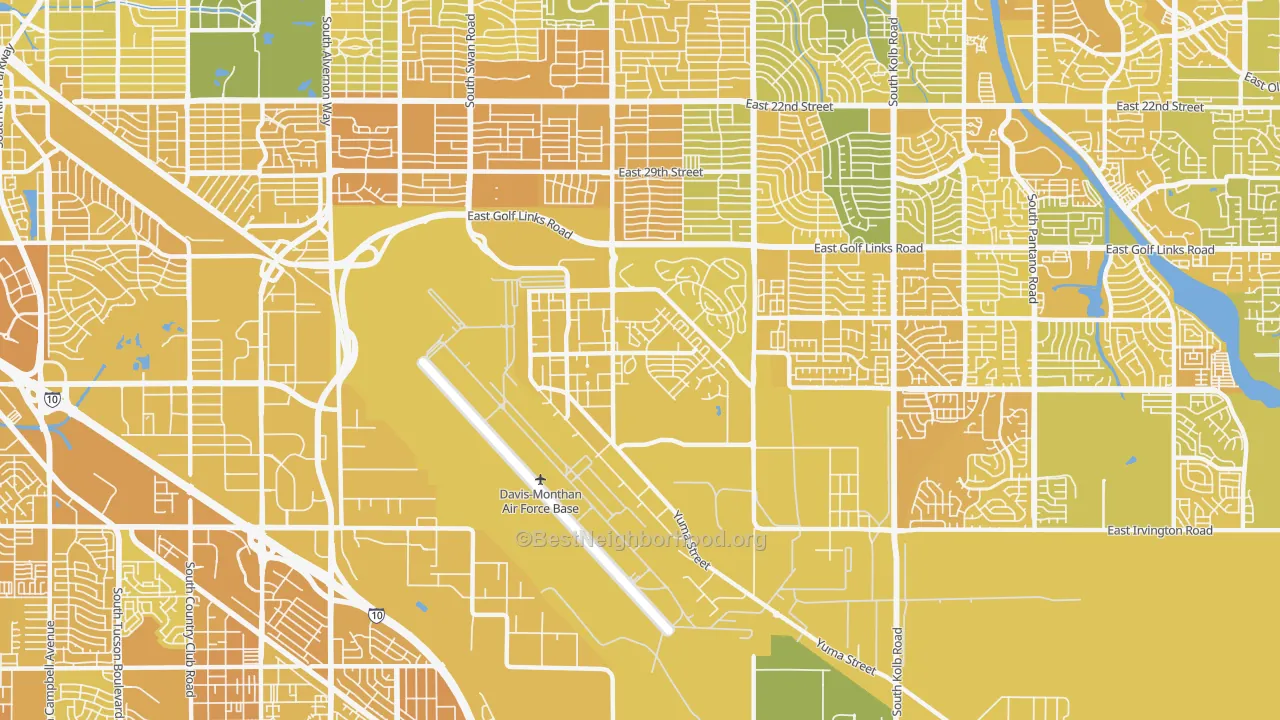 Map of the best neighborhoods in the 85707 area, with better matches in green and worse matches in red