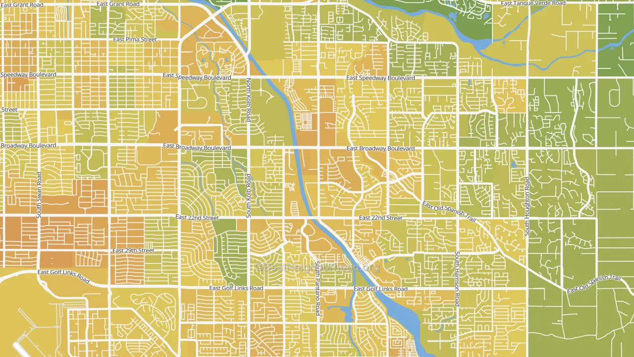 Map of the best neighborhoods in the 85710 area, with better matches in green and worse matches in red