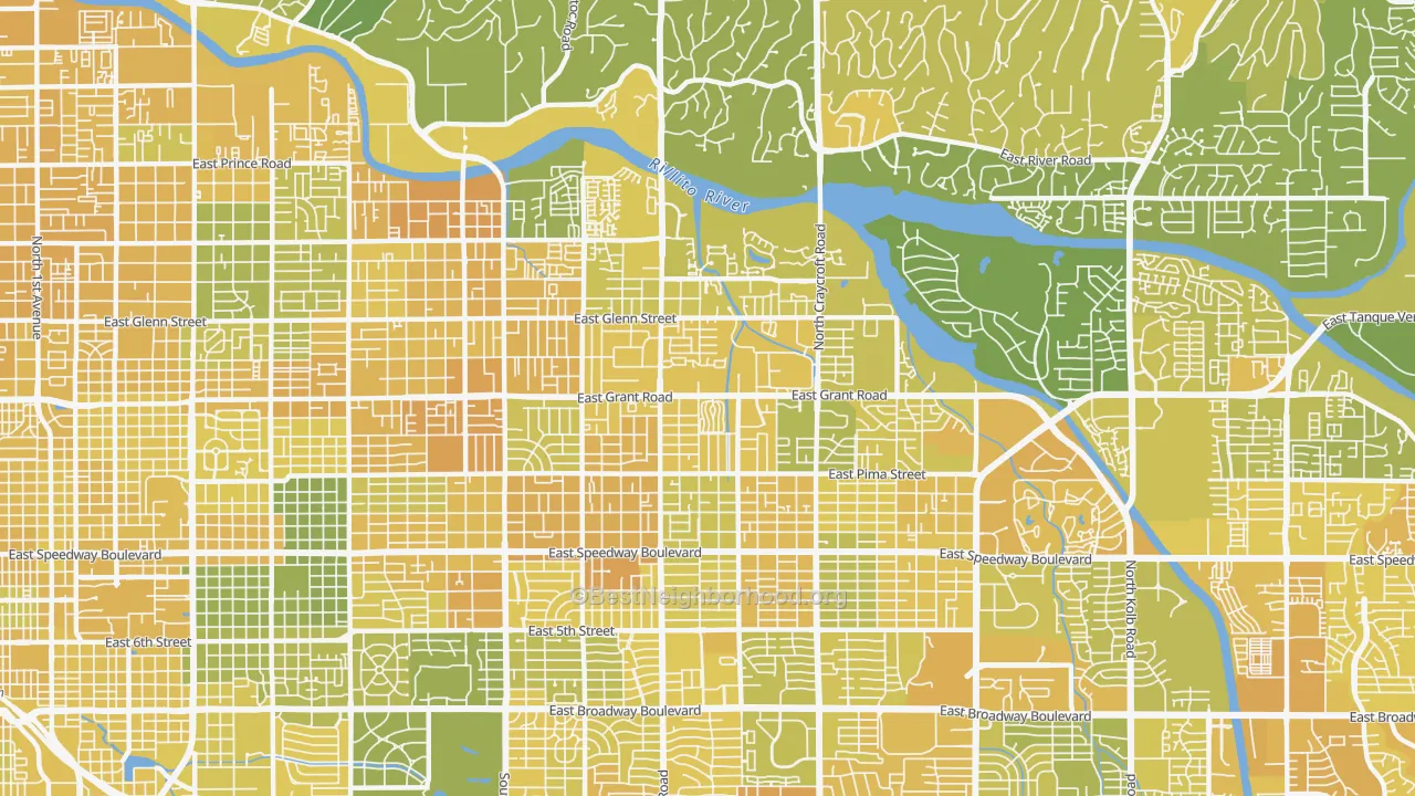 Map of the best neighborhoods in the 85712 area, with better matches in green and worse matches in red