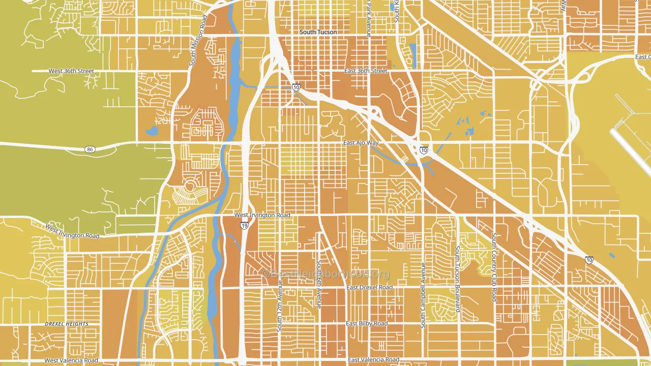 Map of the best neighborhoods in the 85714 area, with better matches in green and worse matches in red
