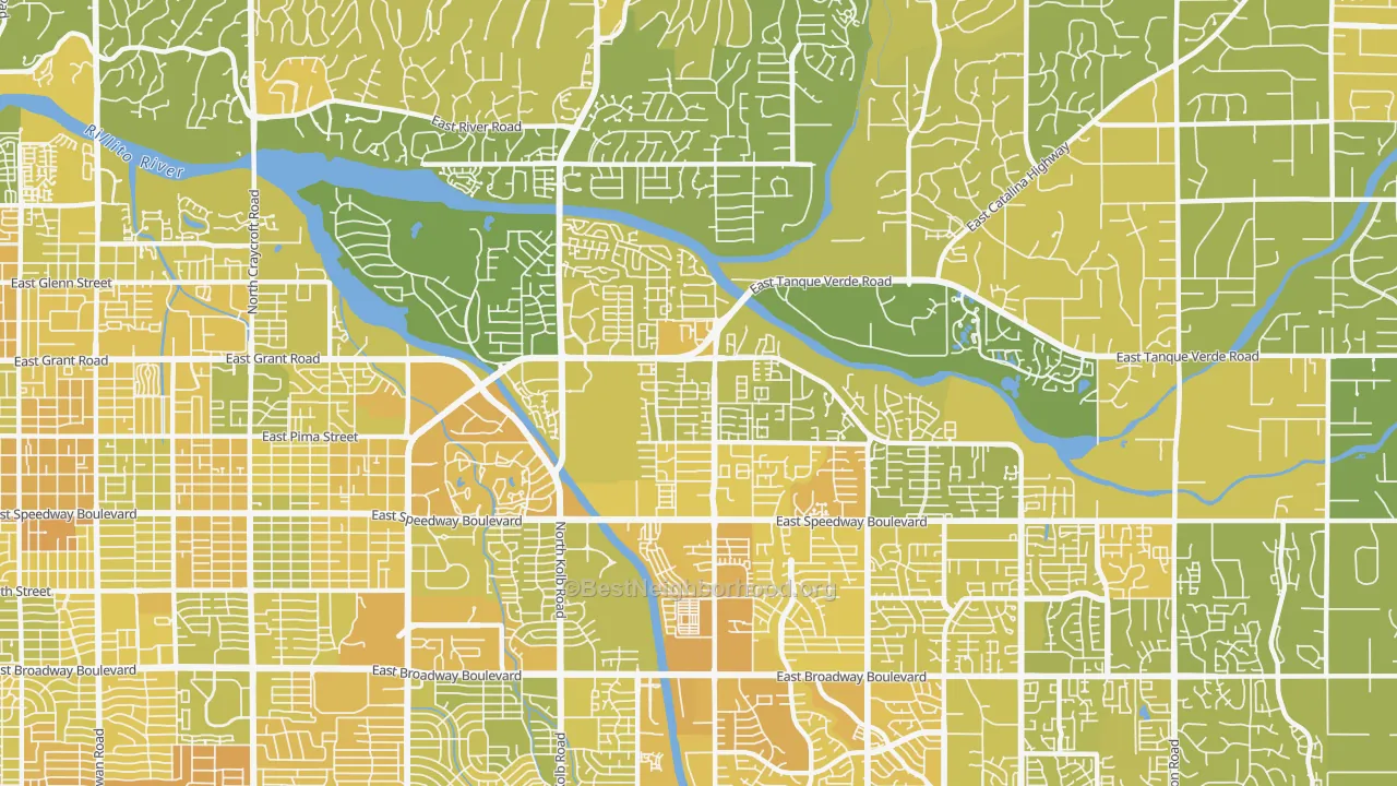 Map of the best neighborhoods in the 85715 area, with better matches in green and worse matches in red