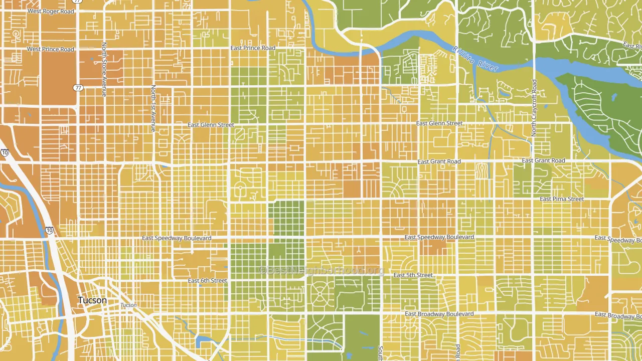 Map of the best neighborhoods in the 85716 area, with better matches in green and worse matches in red