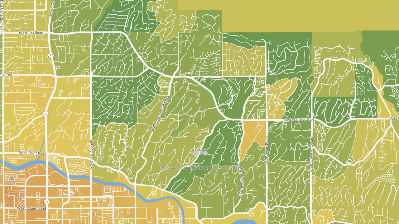 Map of the best neighborhoods in the 85718 area, with better matches in green and worse matches in red