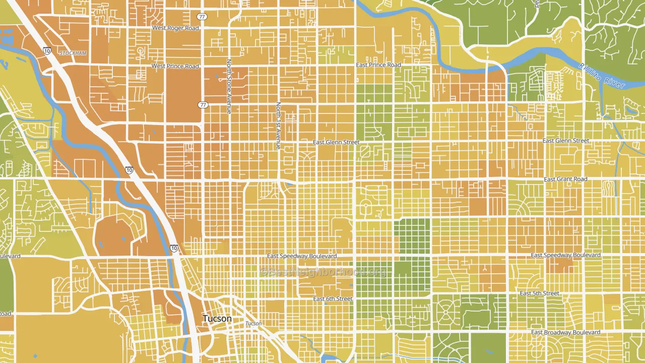 Map of the best neighborhoods in the 85719 area, with better matches in green and worse matches in red