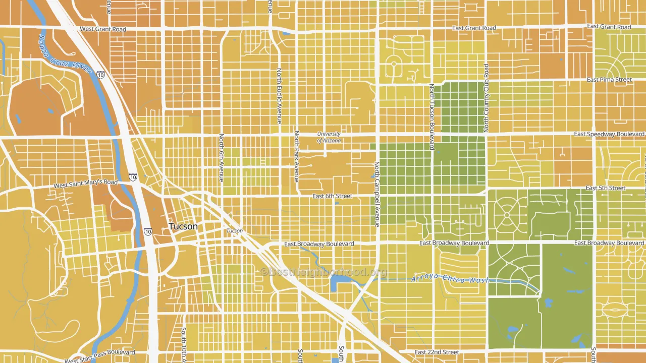 Map of the best neighborhoods in the 85721 area, with better matches in green and worse matches in red