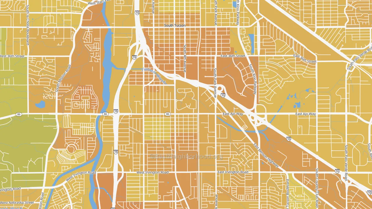 Map of the best neighborhoods in the 85723 area, with better matches in green and worse matches in red