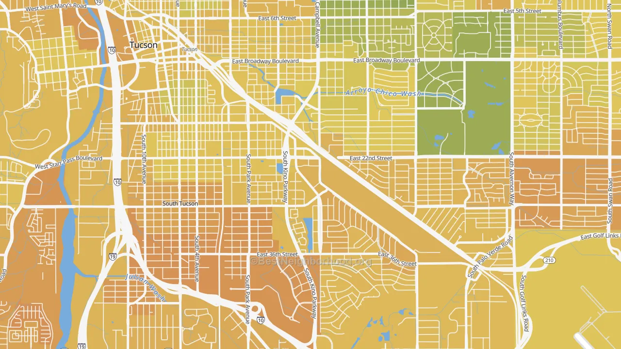 Map of the best neighborhoods in the 85726 area, with better matches in green and worse matches in red
