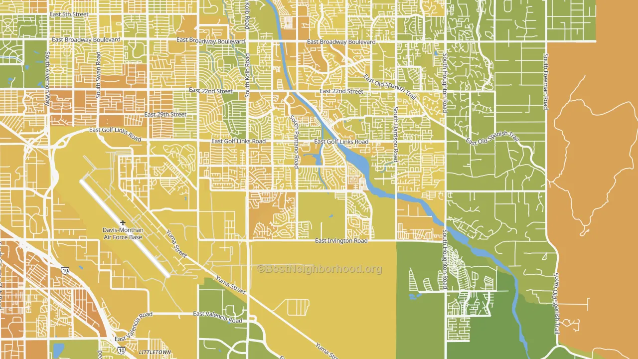 Map of the best neighborhoods in the 85730 area, with better matches in green and worse matches in red